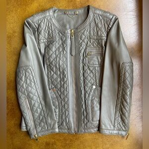 Tory Burch XL Leather Jacket Quilted Taupe/Gray Moto Style EUC